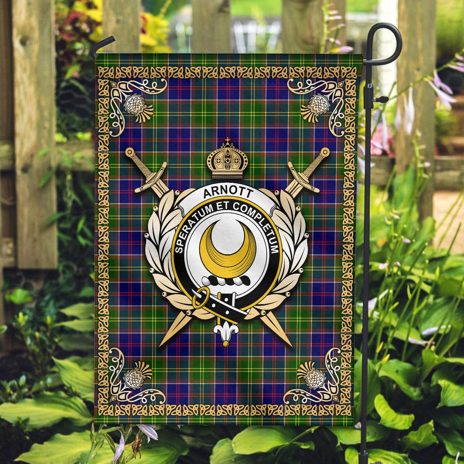 Arnott Tartan Crest Garden Flag - Celtic Thistle Style