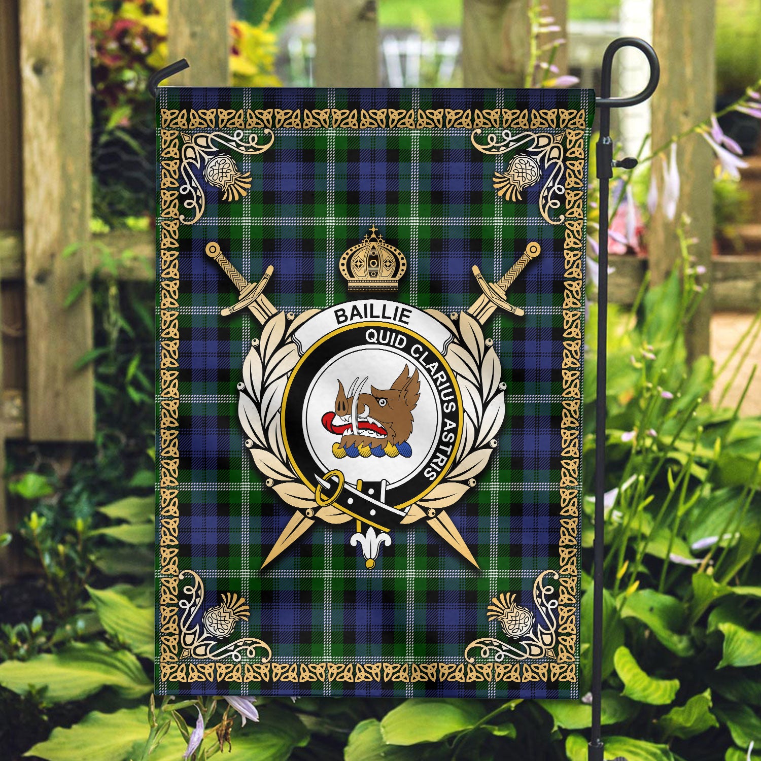 Baillie Modern Tartan Crest Garden Flag - Celtic Thistle Style