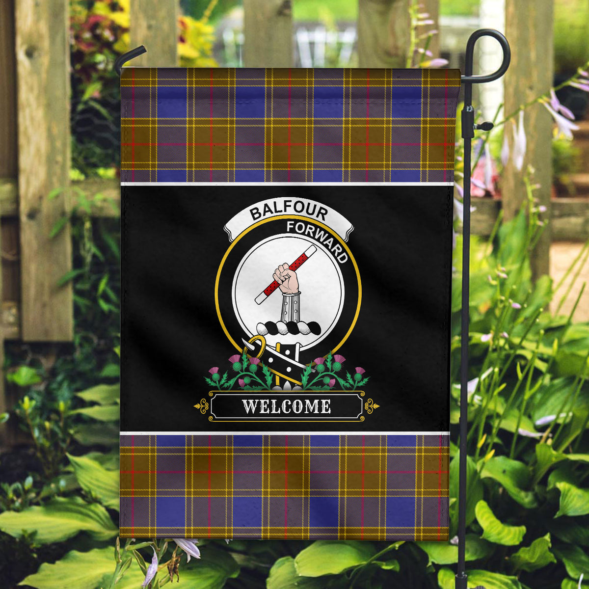 Balfour Modern Tartan Crest Garden Flag - Welcome Style