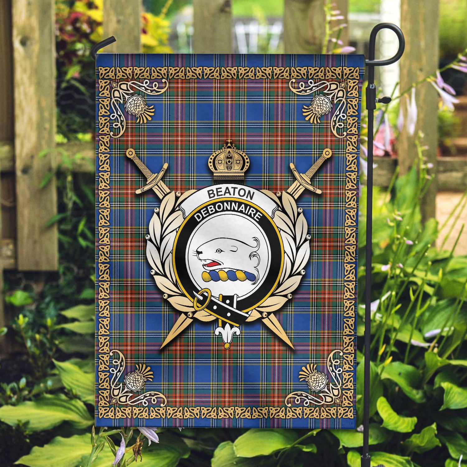 Beaton Ancient Tartan Crest Garden Flag - Celtic Thistle Style