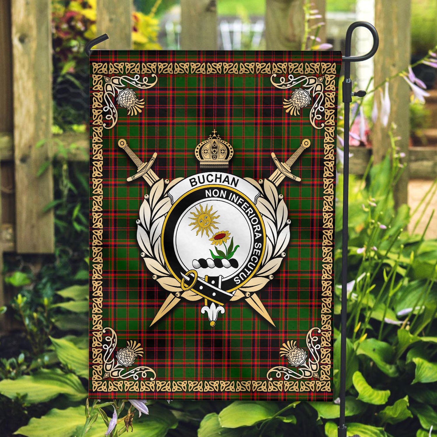 Buchan Modern Tartan Crest Garden Flag - Celtic Thistle Style