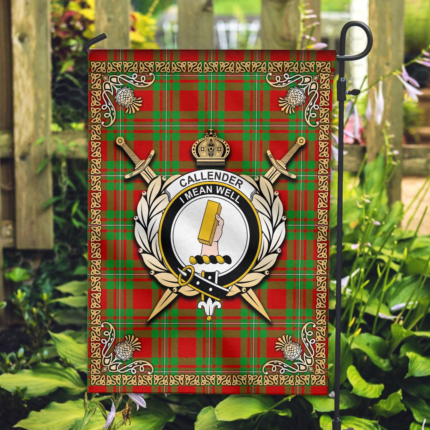 Callender Tartan Crest Garden Flag - Celtic Thistle Style