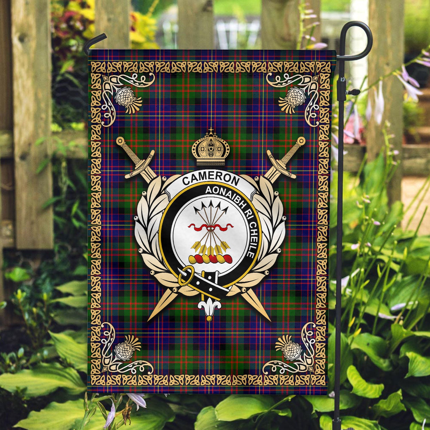 Cameron of Erracht Modern Tartan Crest Garden Flag - Celtic Thistle Style