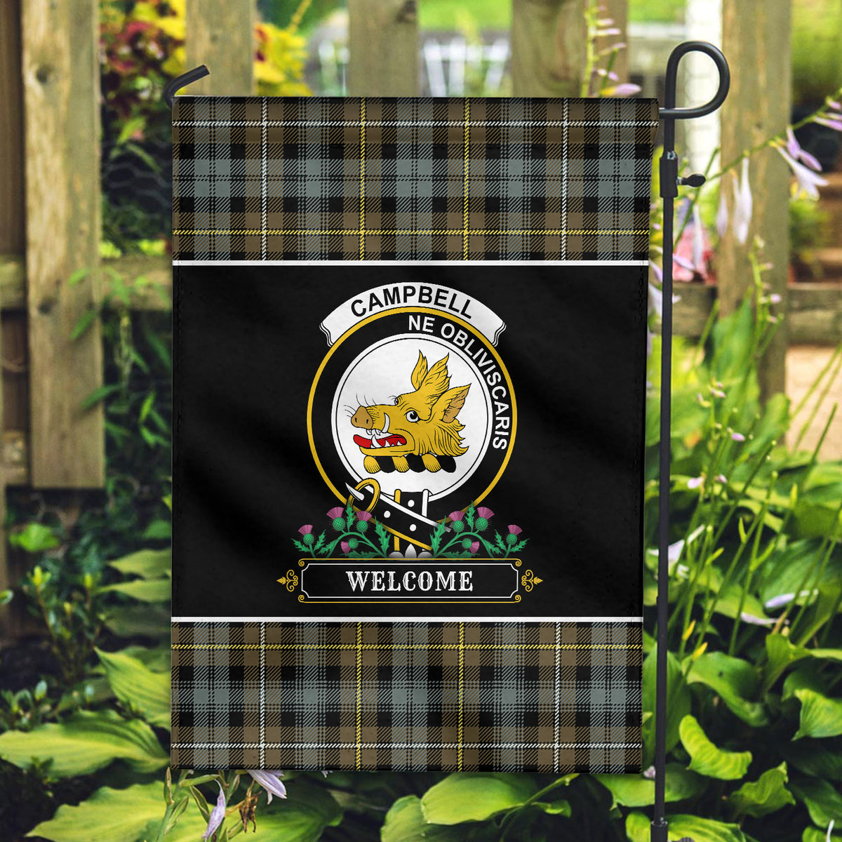 Campbell Argyll Weathered Tartan Crest Garden Flag - Welcome Style