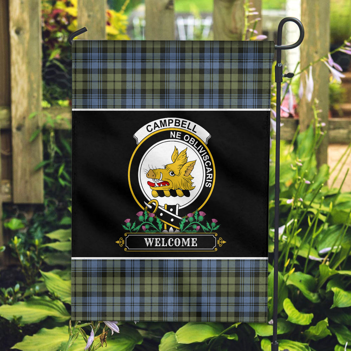 Campbell Faded Tartan Crest Garden Flag - Welcome Style