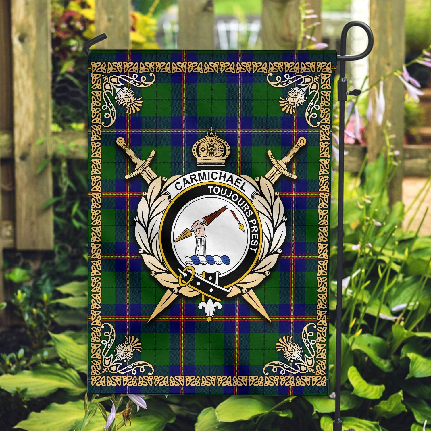 Carmichael Modern Tartan Crest Garden Flag - Celtic Thistle Style