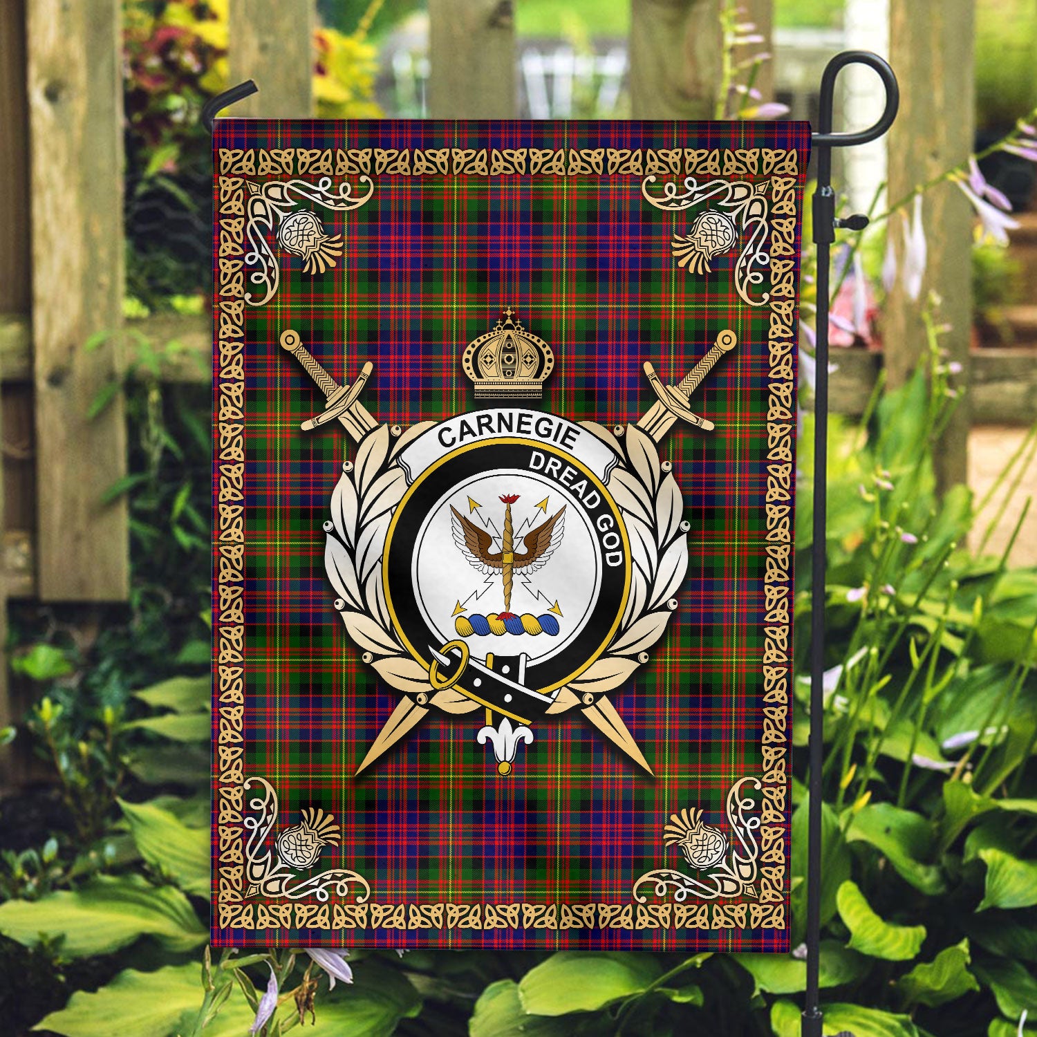 Carnegie Modern Tartan Crest Garden Flag - Celtic Thistle Style