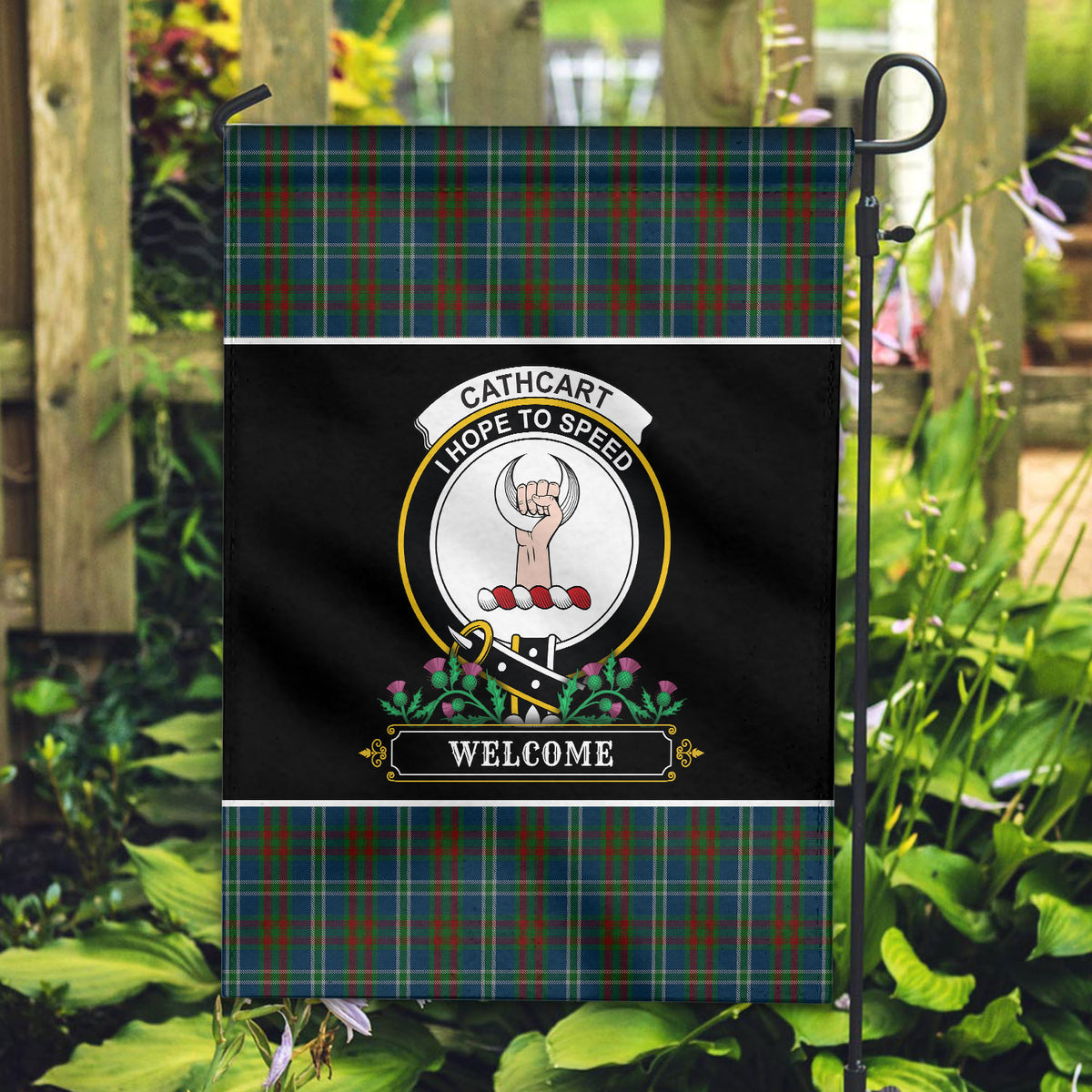 Cathcart Tartan Crest Garden Flag - Welcome Style