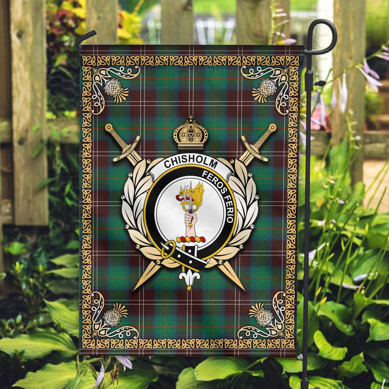 Chisholm Hunting Ancient Tartan Crest Garden Flag - Celtic Thistle Style