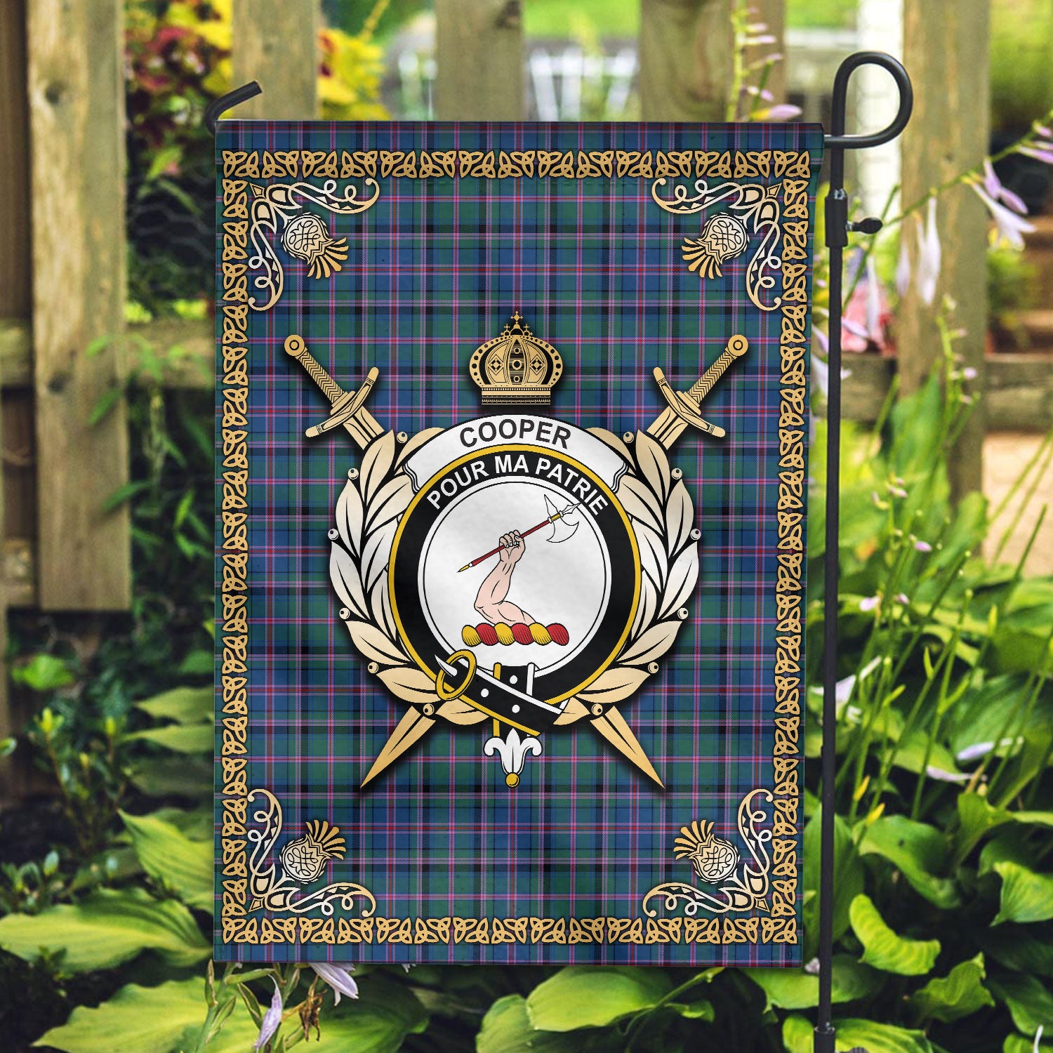 Cooper Ancient Tartan Crest Garden Flag - Celtic Thistle Style