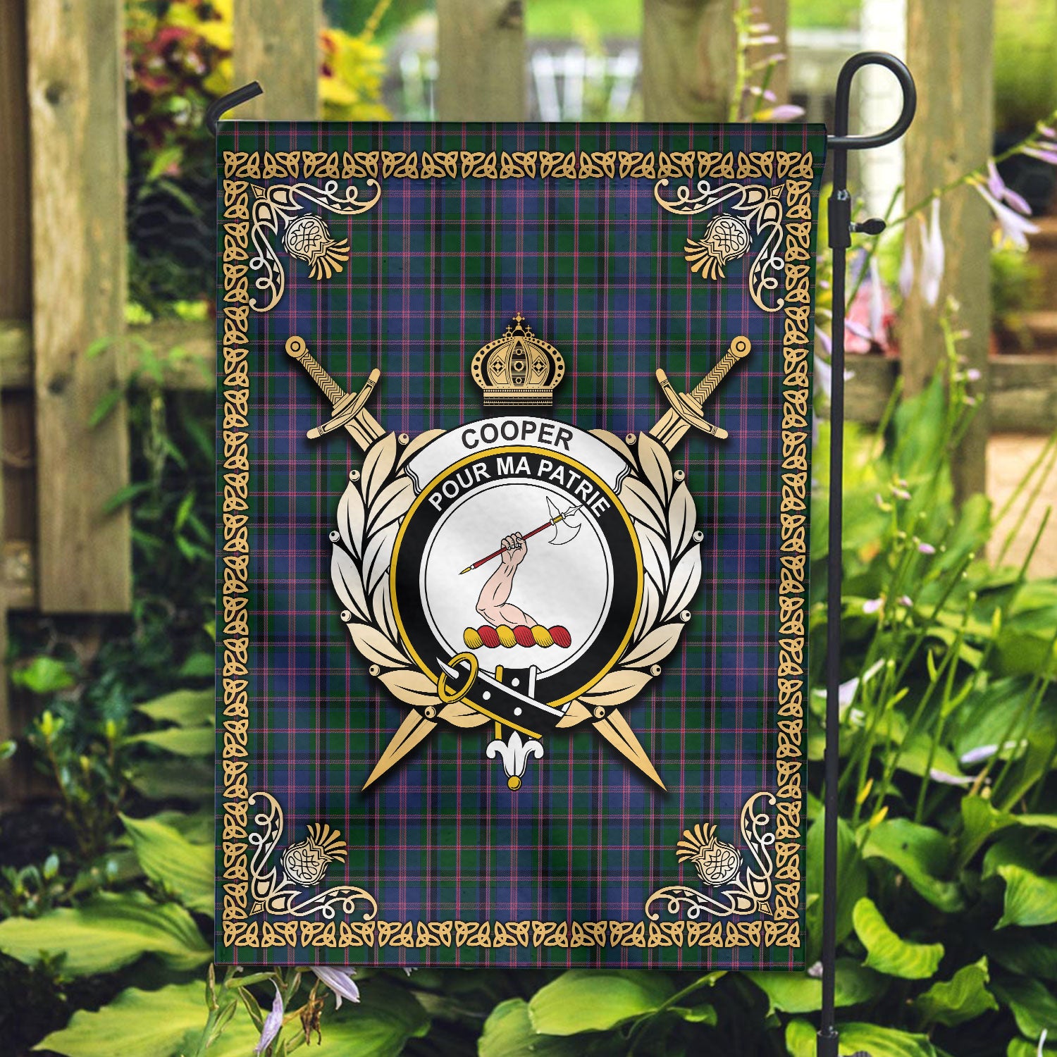 Cooper Tartan Crest Garden Flag - Celtic Thistle Style