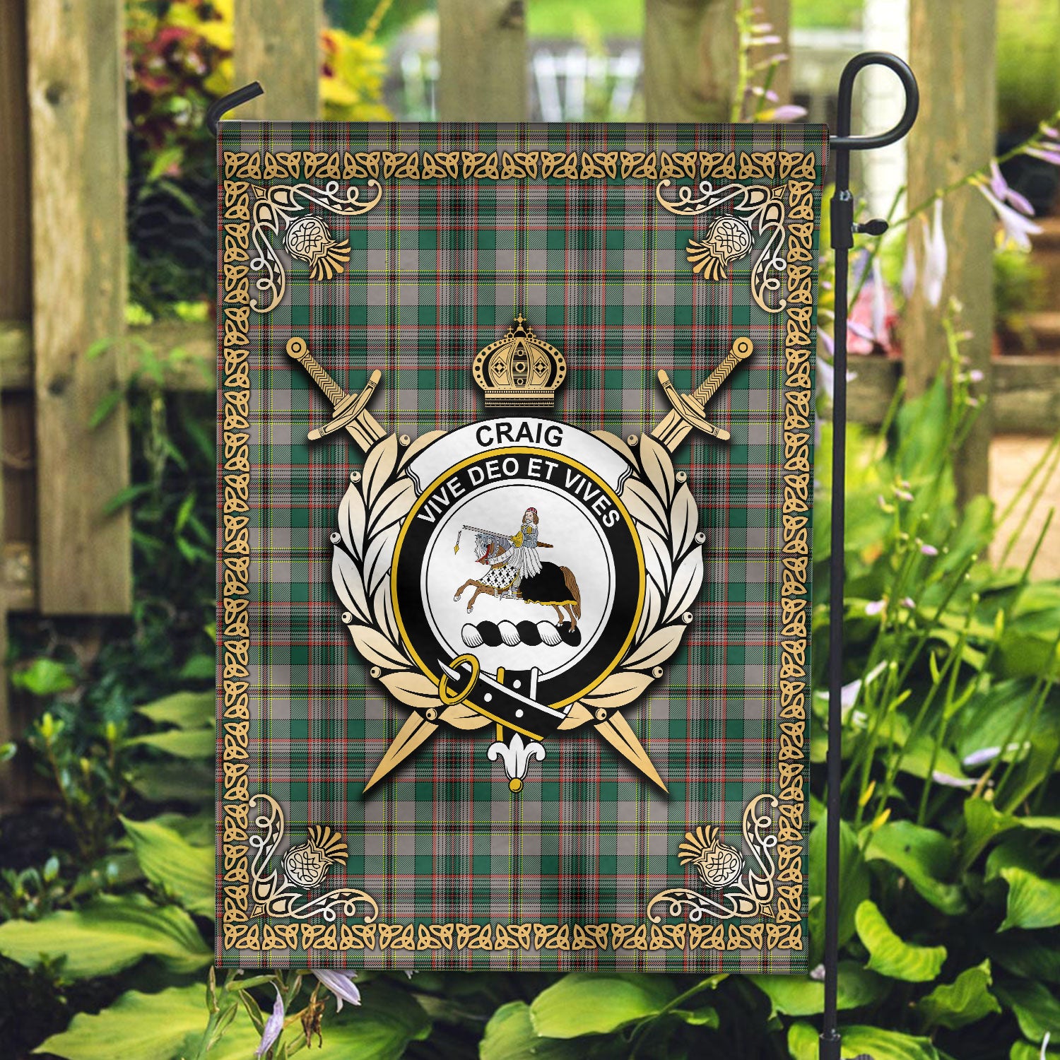 Craig Ancient Tartan Crest Garden Flag - Celtic Thistle Style