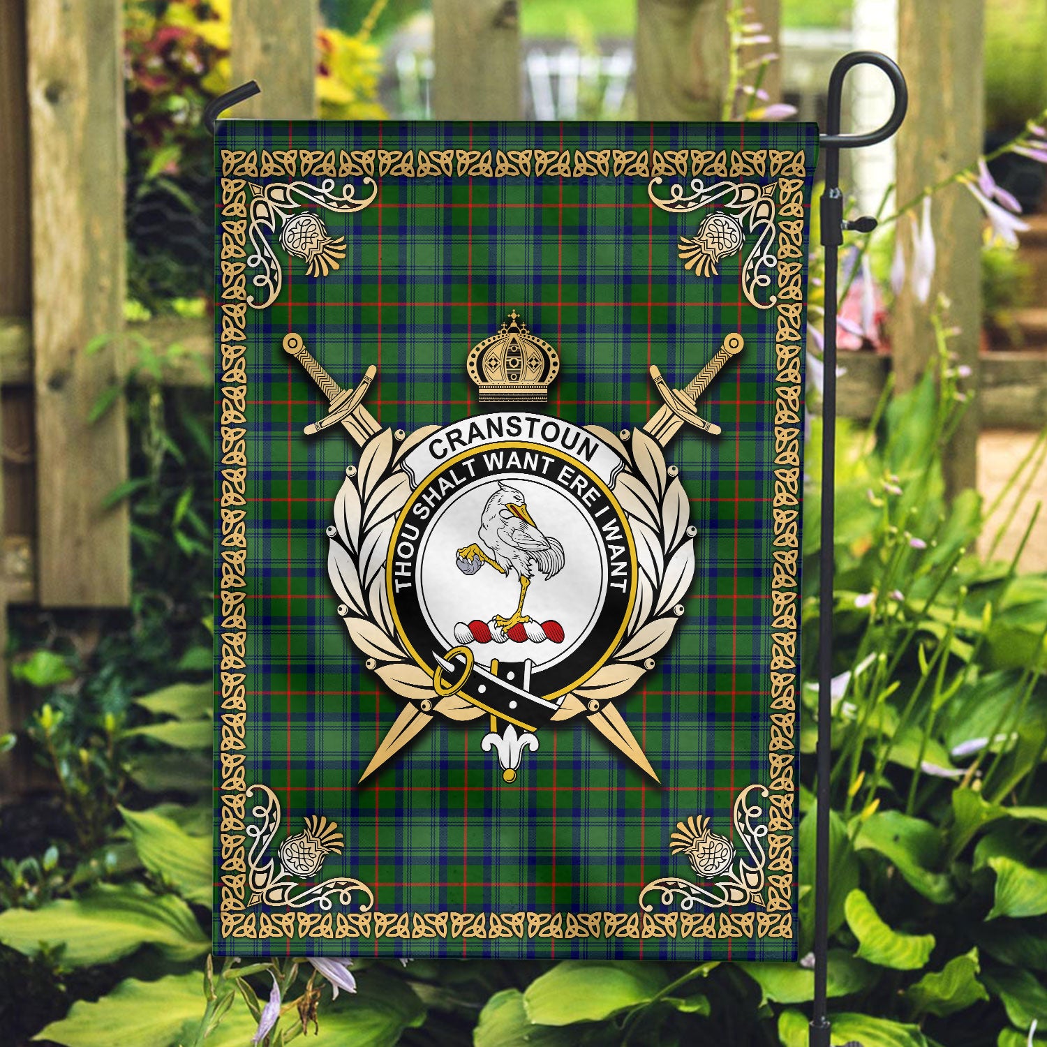 Cranstoun Tartan Crest Garden Flag - Celtic Thistle Style