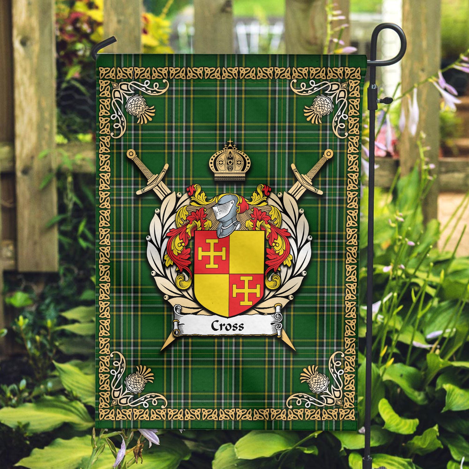 Cross Tartan Crest Black Garden Flag - Gold Thistle Style