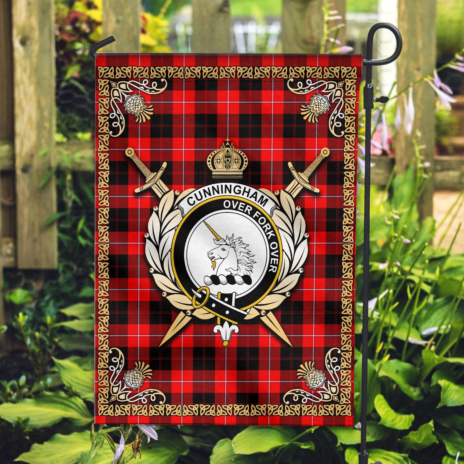 Cunningham Modern Tartan Crest Garden Flag - Celtic Thistle Style