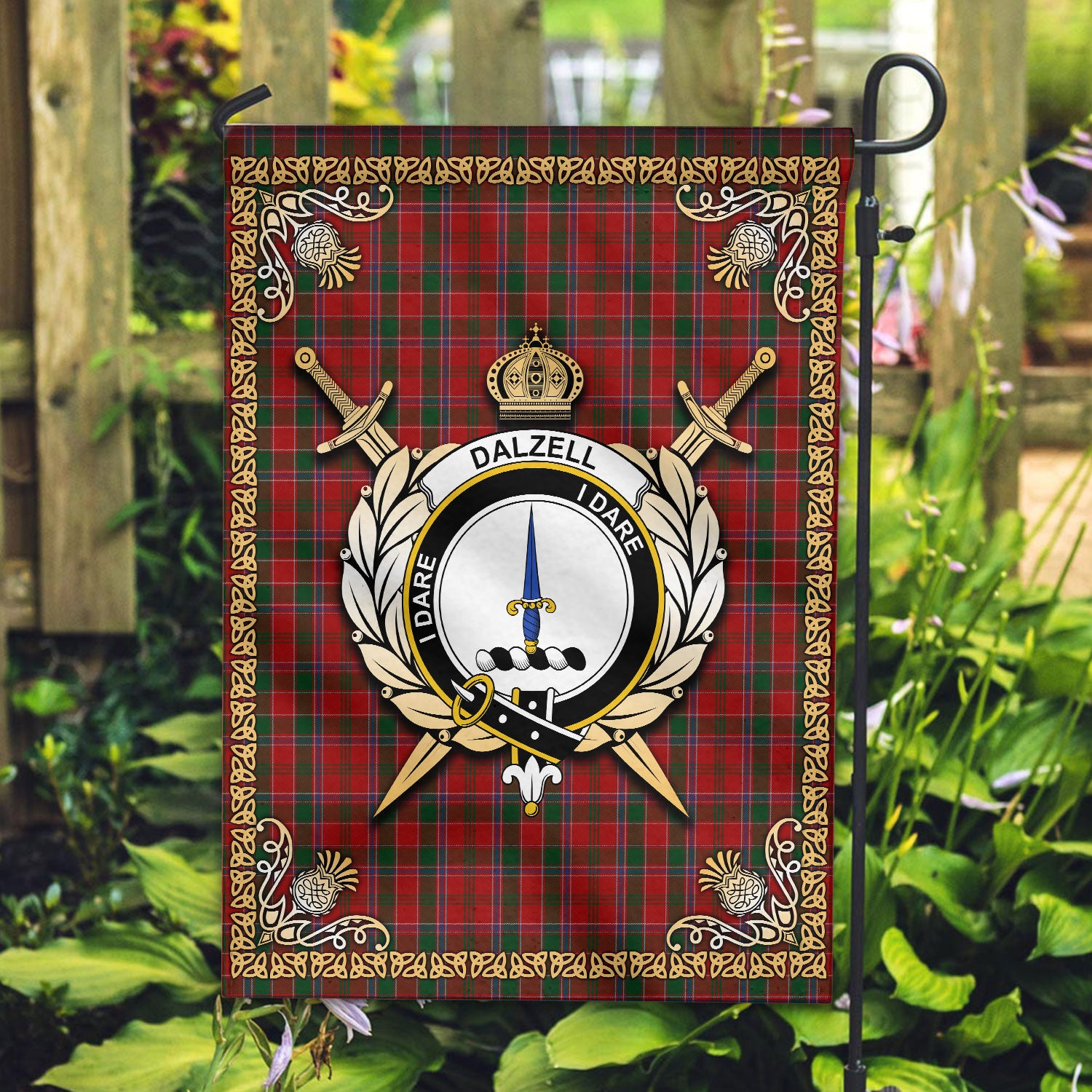 Dalzell Tartan Crest Garden Flag - Celtic Thistle Style