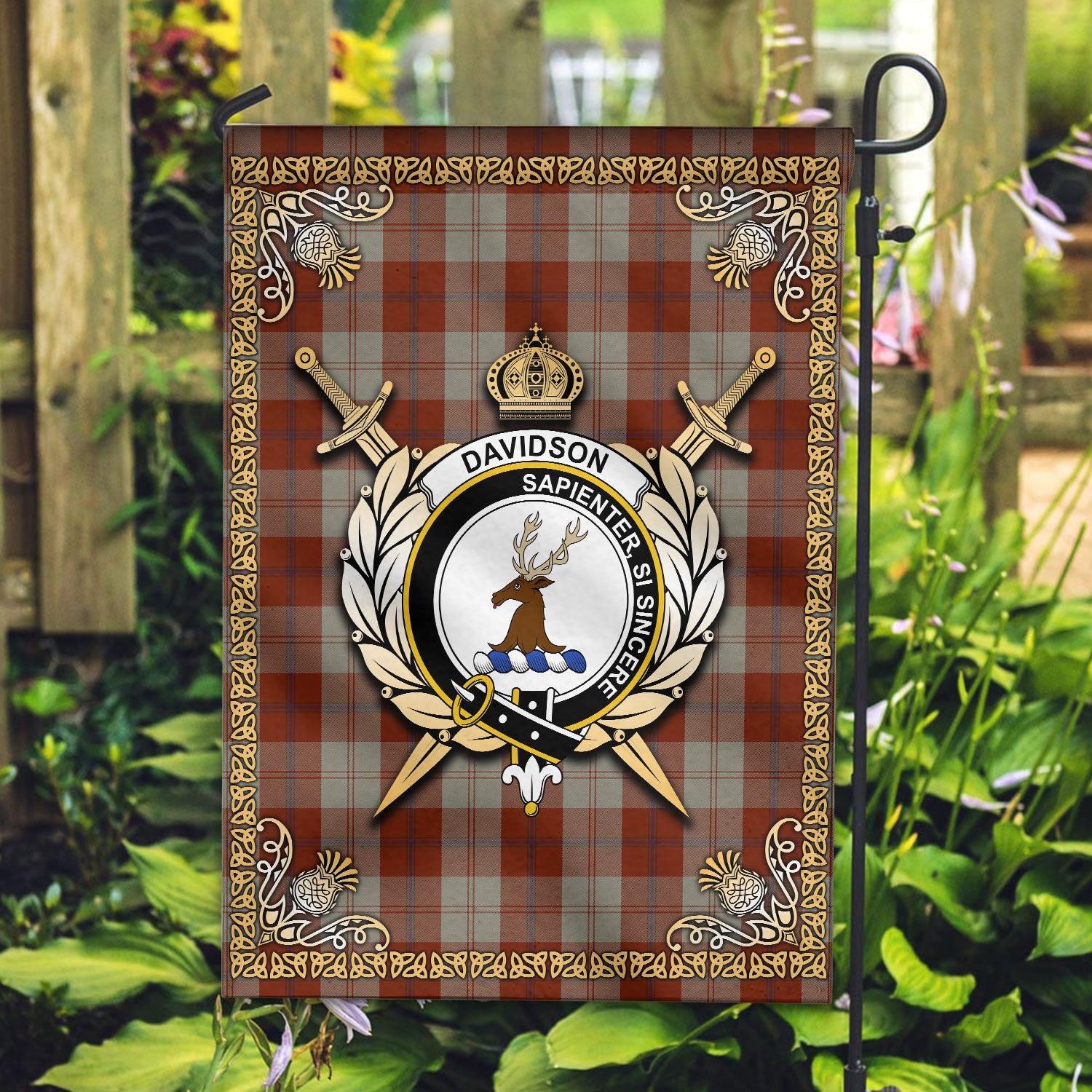 Davidson Dress Dancers Tartan Crest Garden Flag - Celtic Thistle Style