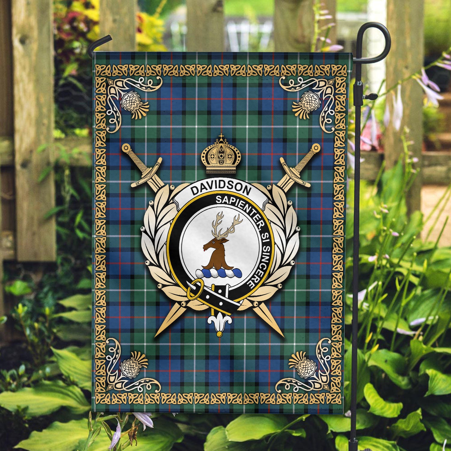 Davidson of Tulloch Tartan Crest Garden Flag - Celtic Thistle Style