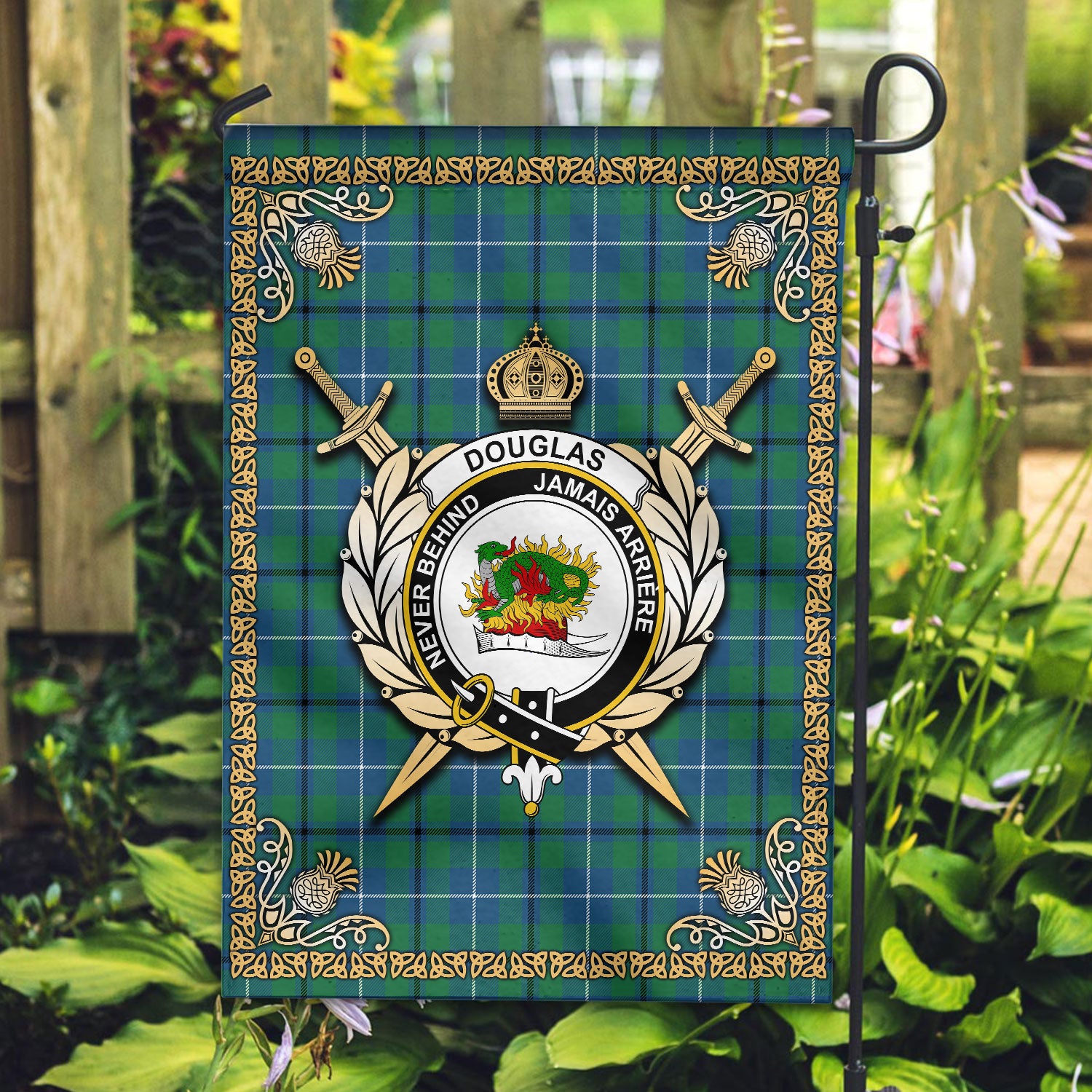 Douglas Ancient Tartan Crest Garden Flag - Celtic Thistle Style