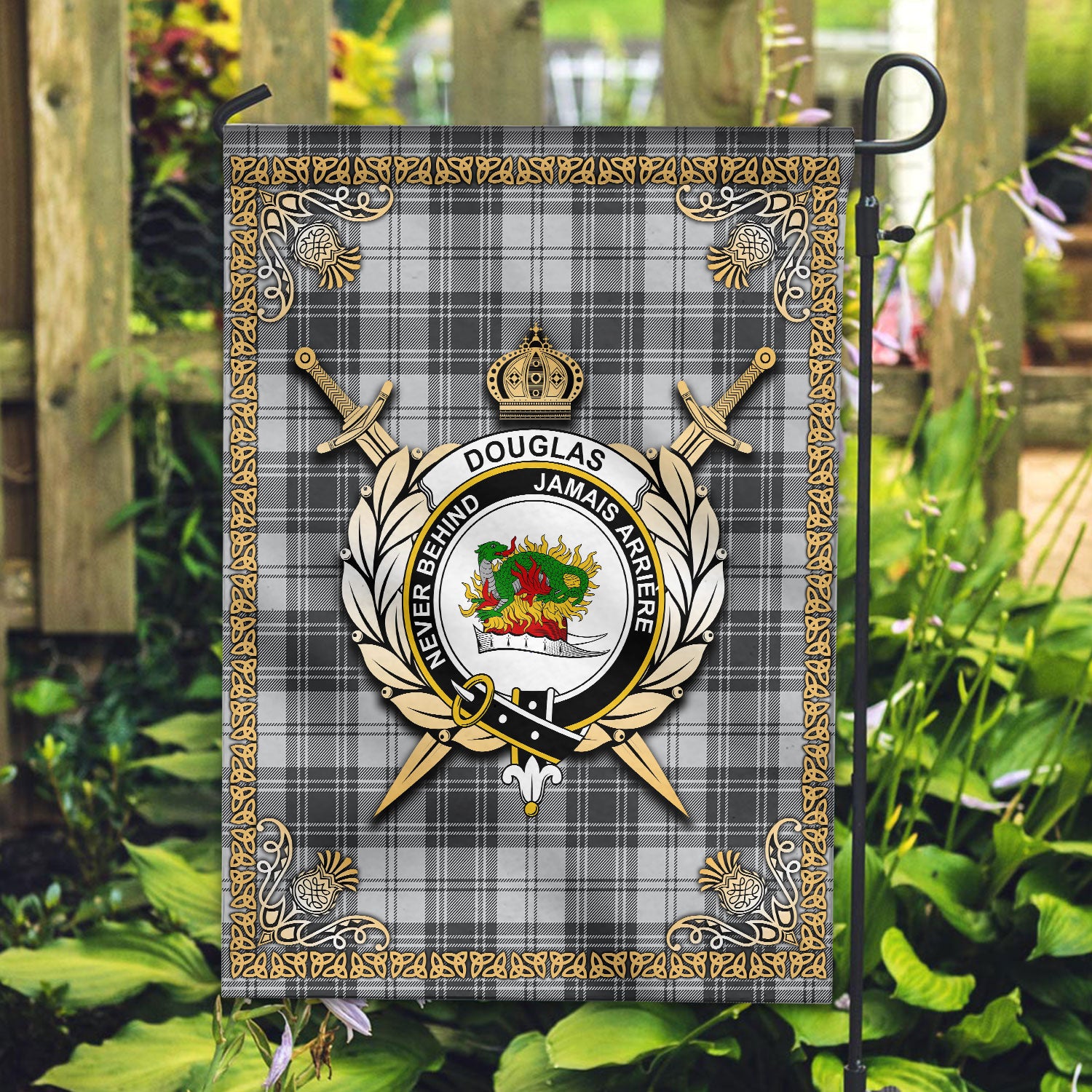 Douglas Grey Modern Tartan Crest Garden Flag - Celtic Thistle Style