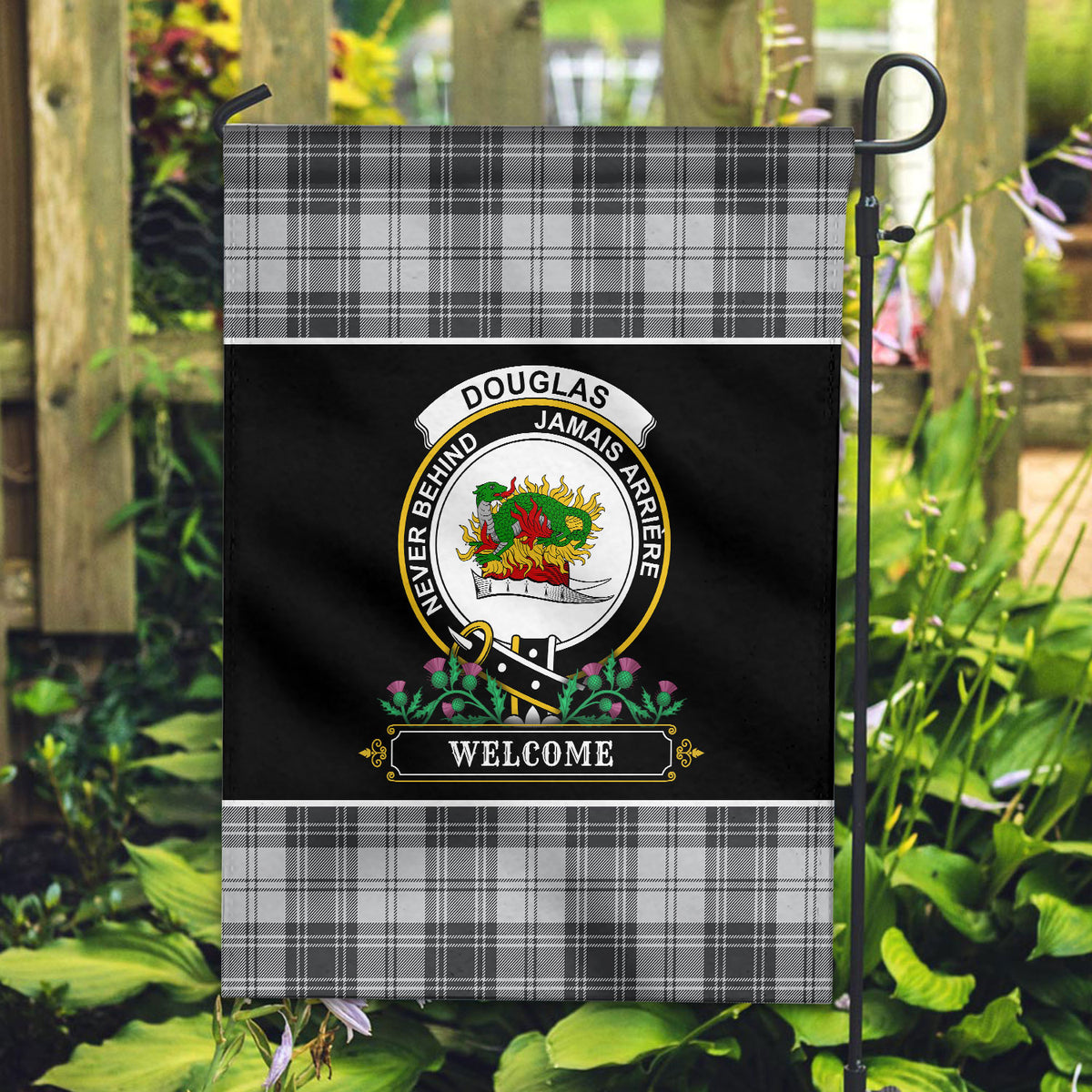 Douglas Grey Modern Tartan Crest Garden Flag - Welcome Style