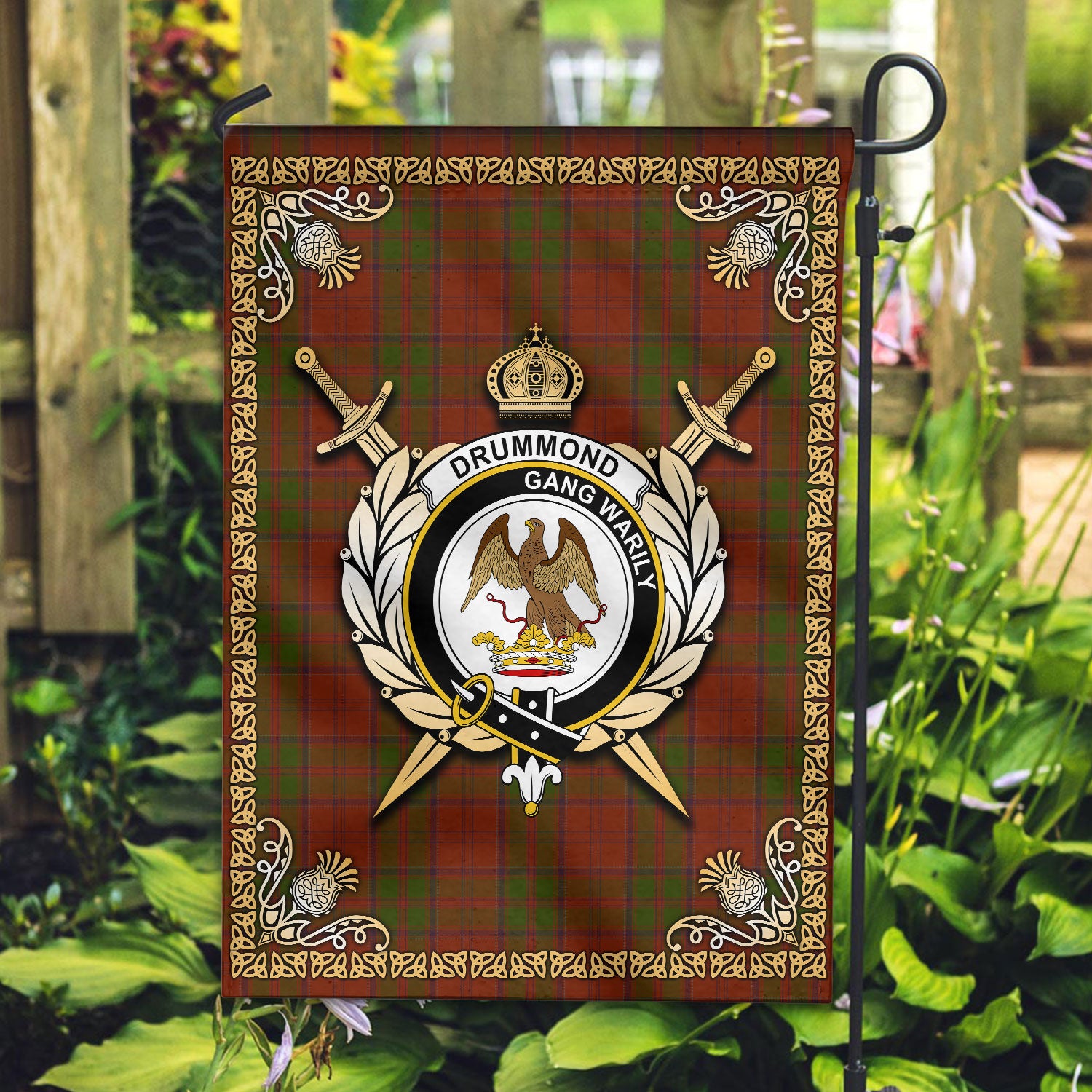 Drummond Tartan Crest Garden Flag - Celtic Thistle Style