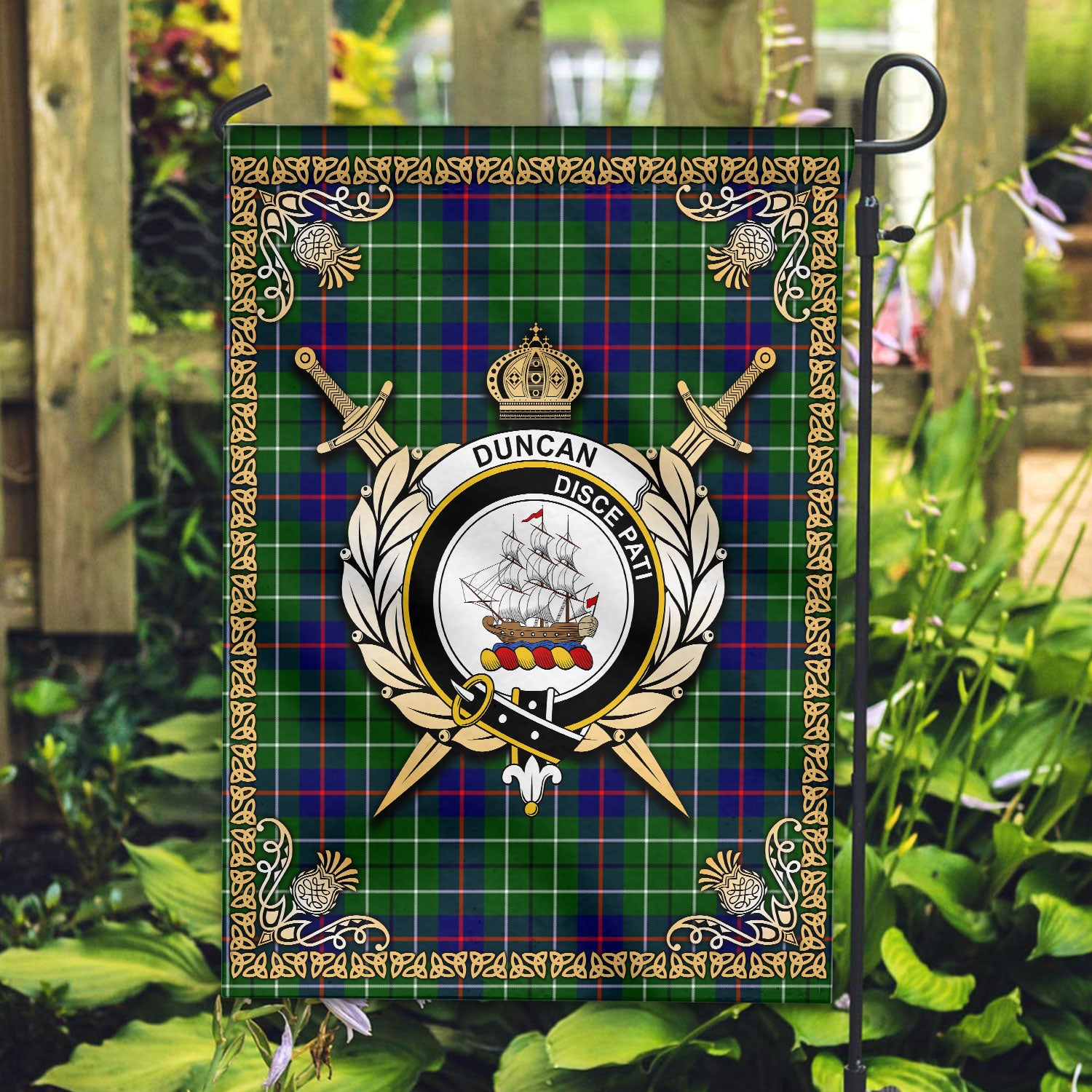 Duncan Modern Tartan Crest Garden Flag - Celtic Thistle Style