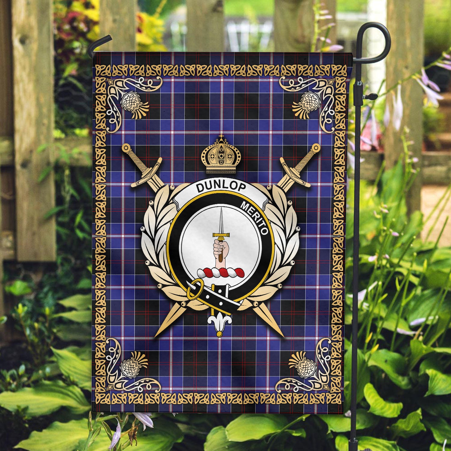 Dunlop Modern Tartan Crest Garden Flag - Celtic Thistle Style