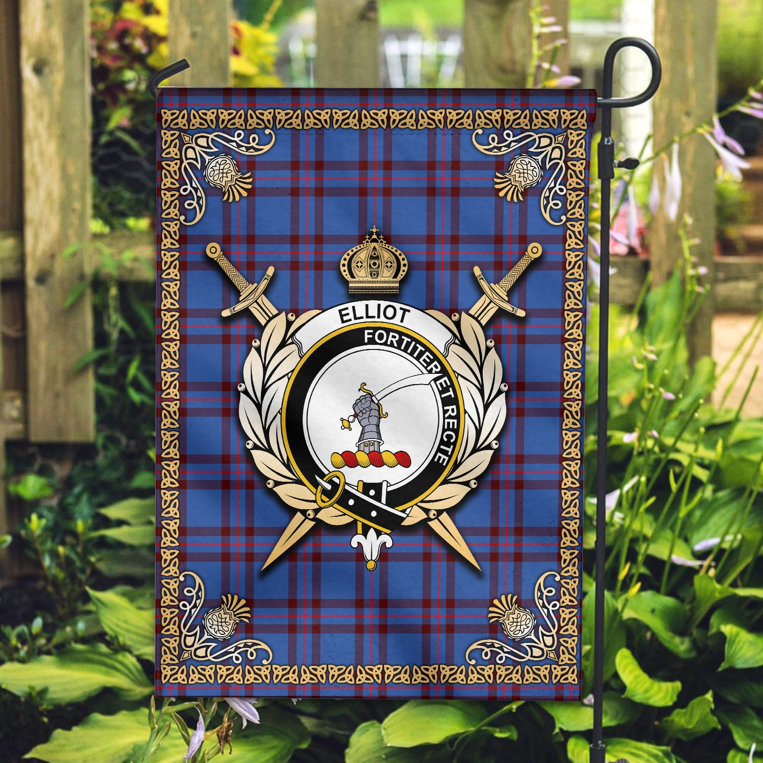 Elliot Modern Tartan Crest Garden Flag - Celtic Thistle Style