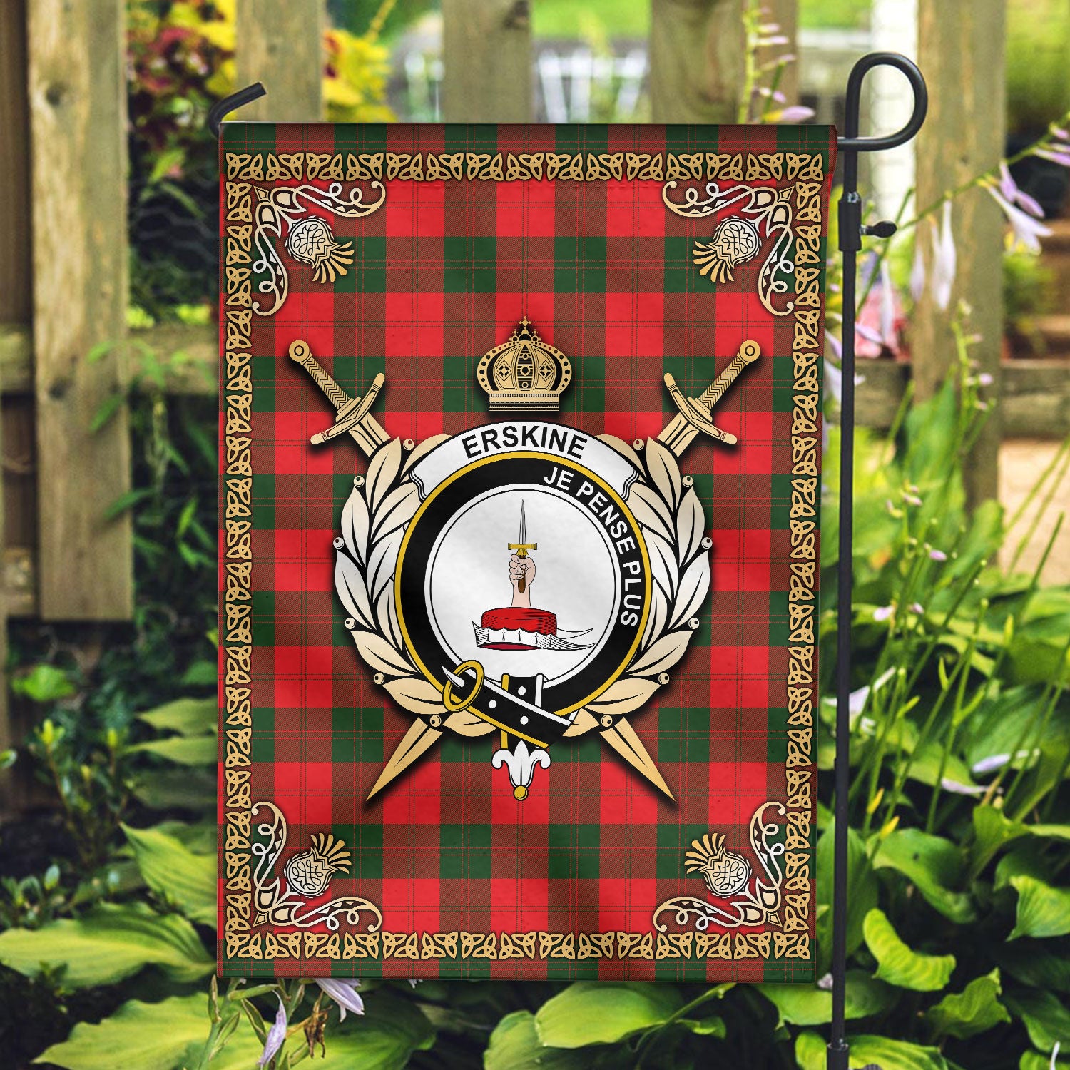 Erskine Modern Tartan Crest Garden Flag - Celtic Thistle Style