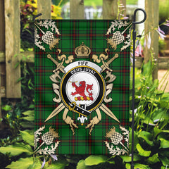 Fife District Tartan Crest Black Garden Flag - Gold Thistle Style