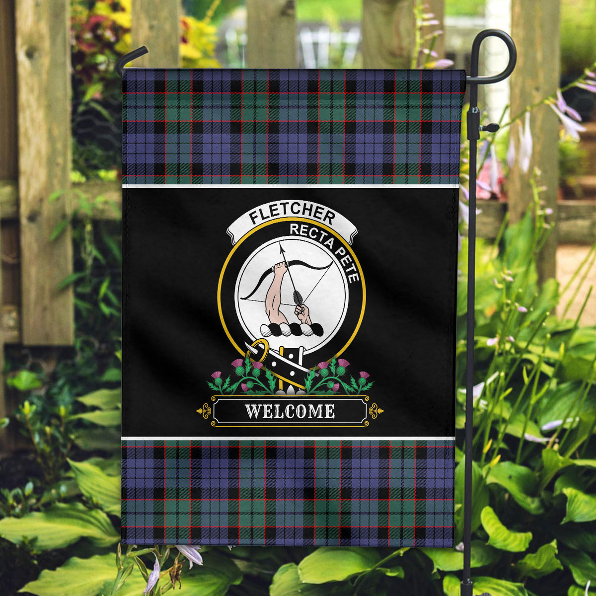 Fletcher Modern Tartan Crest Garden Flag - Welcome Style