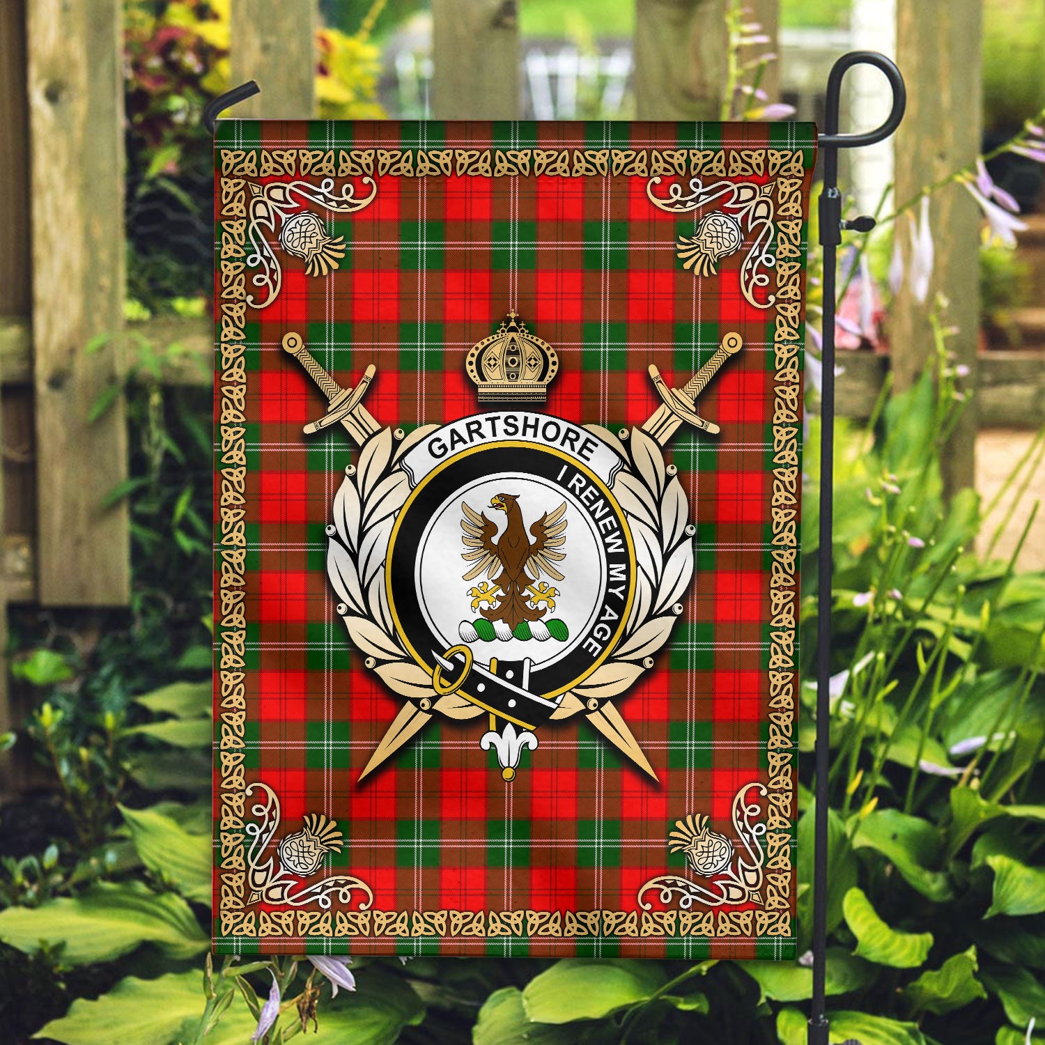 Gartshore Tartan Crest Garden Flag - Celtic Thistle Style