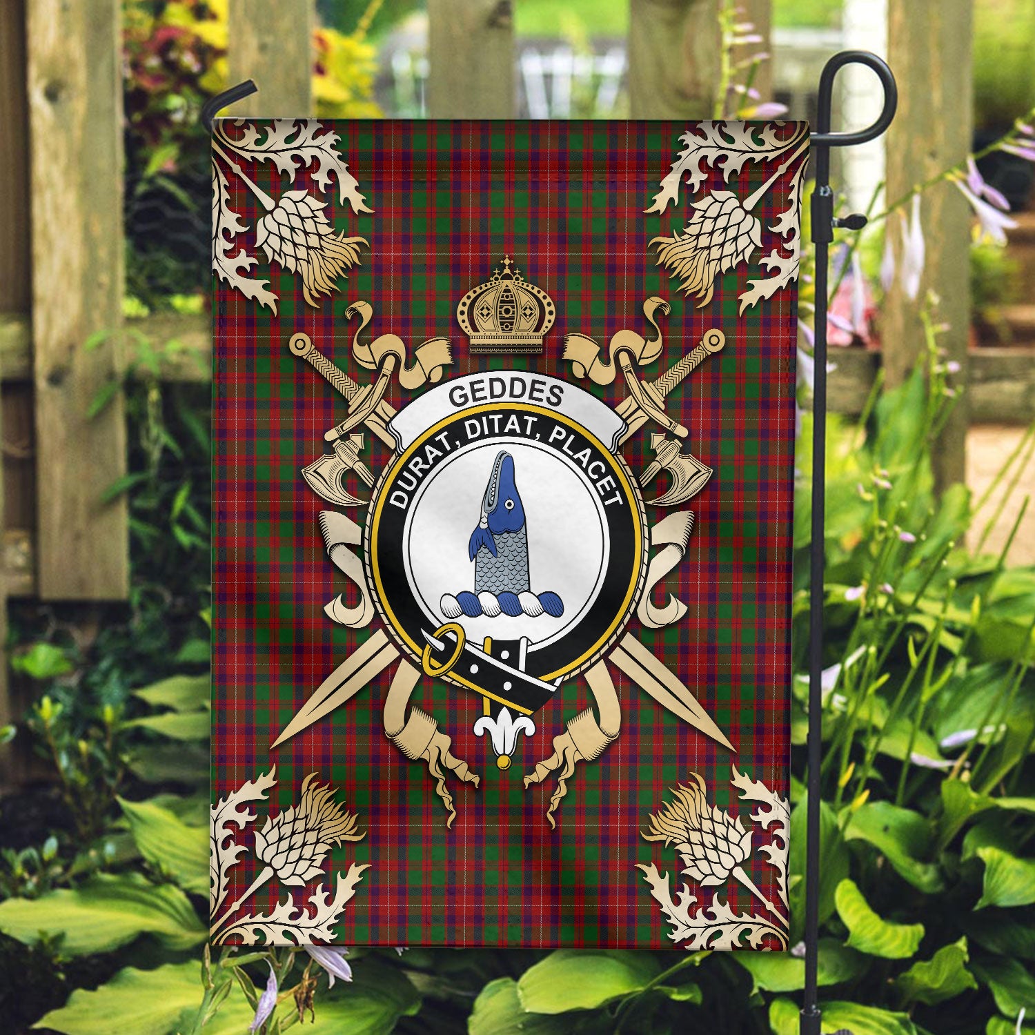 Geddes Tartan Crest Black Garden Flag - Gold Thistle Style – Scotsprint