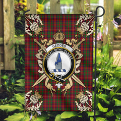 Geddes Tartan Crest Black Garden Flag - Gold Thistle Style