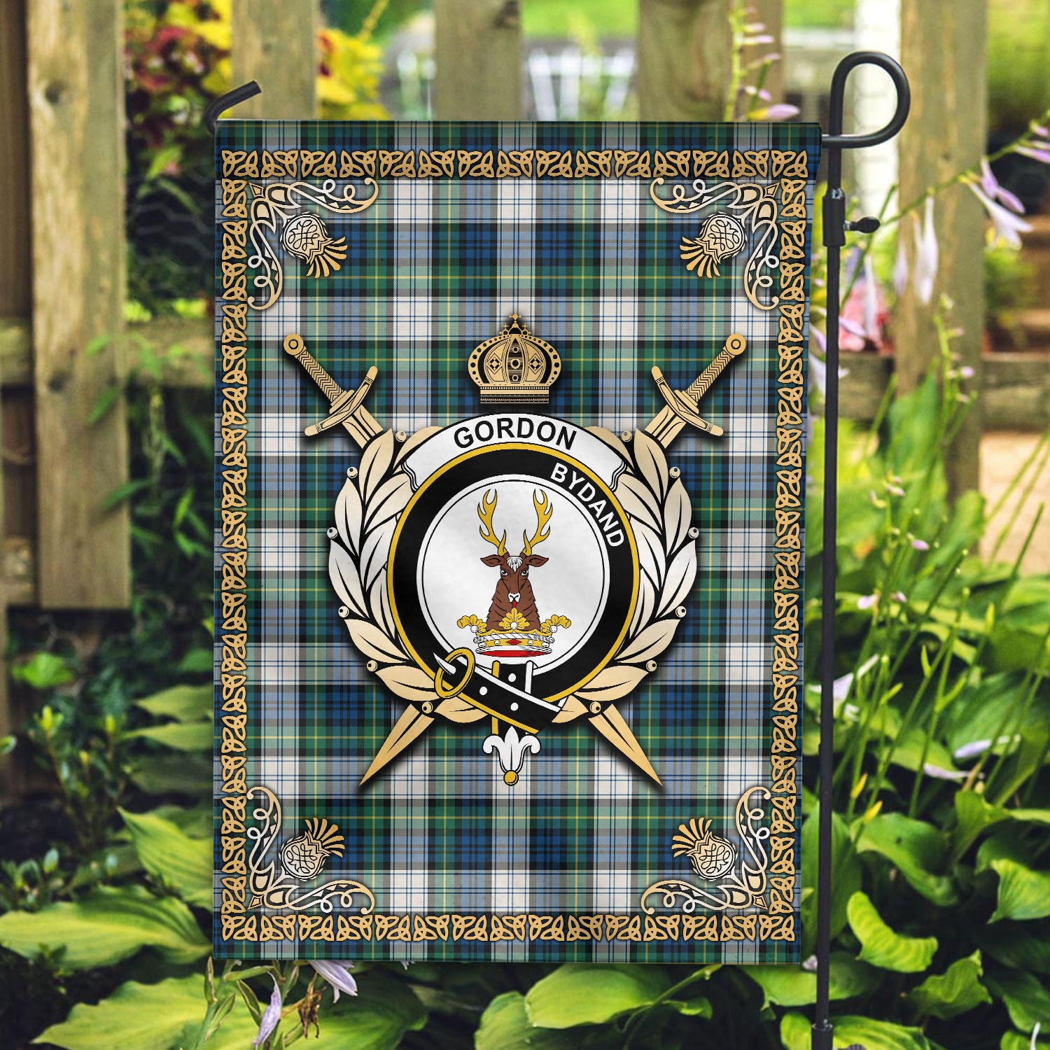 Gordon Dress Ancient Tartan Crest Garden Flag - Celtic Thistle Style