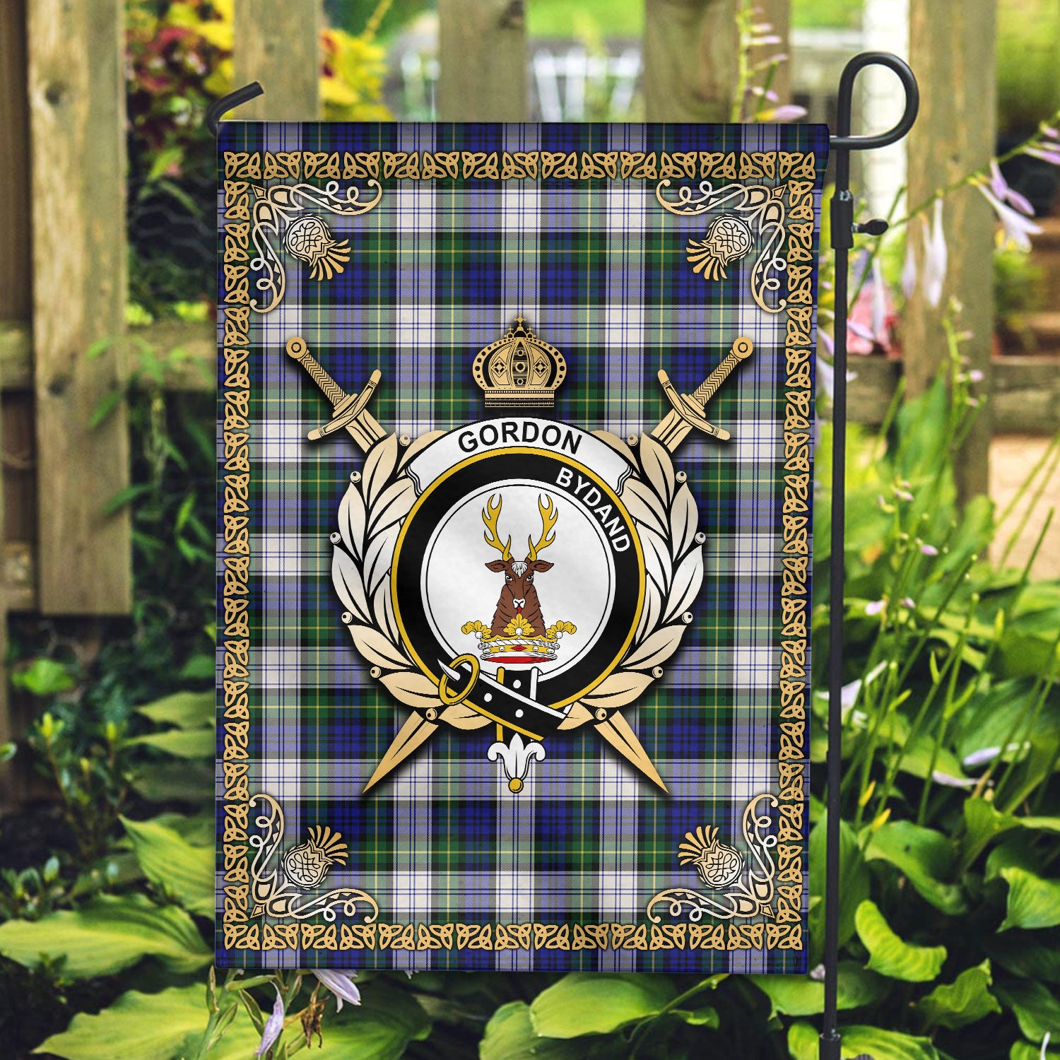 Gordon Dress Modern Tartan Crest Garden Flag - Celtic Thistle Style