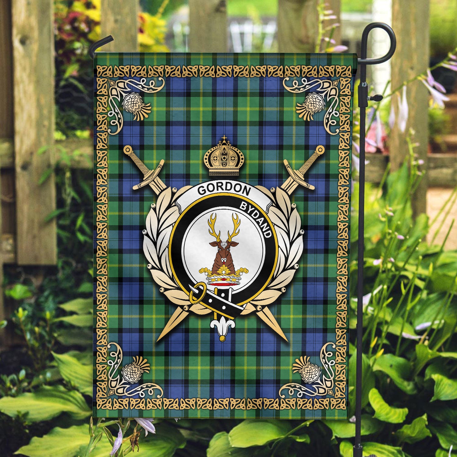 Gordon Old Ancient Tartan Crest Garden Flag - Celtic Thistle Style