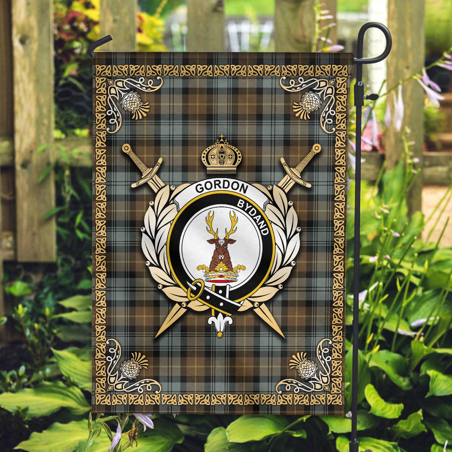 Gordon Weathered Tartan Crest Garden Flag - Celtic Thistle Style