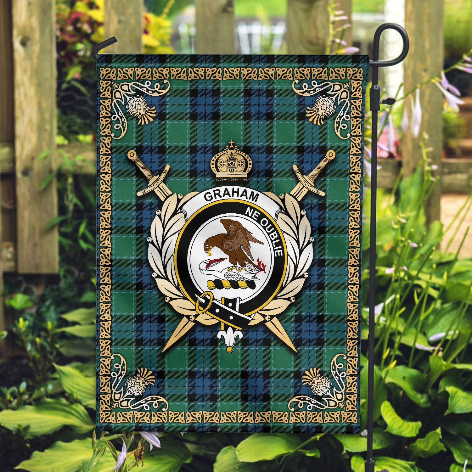 Graham of Menteith Ancient Tartan Crest Garden Flag - Celtic Thistle Style