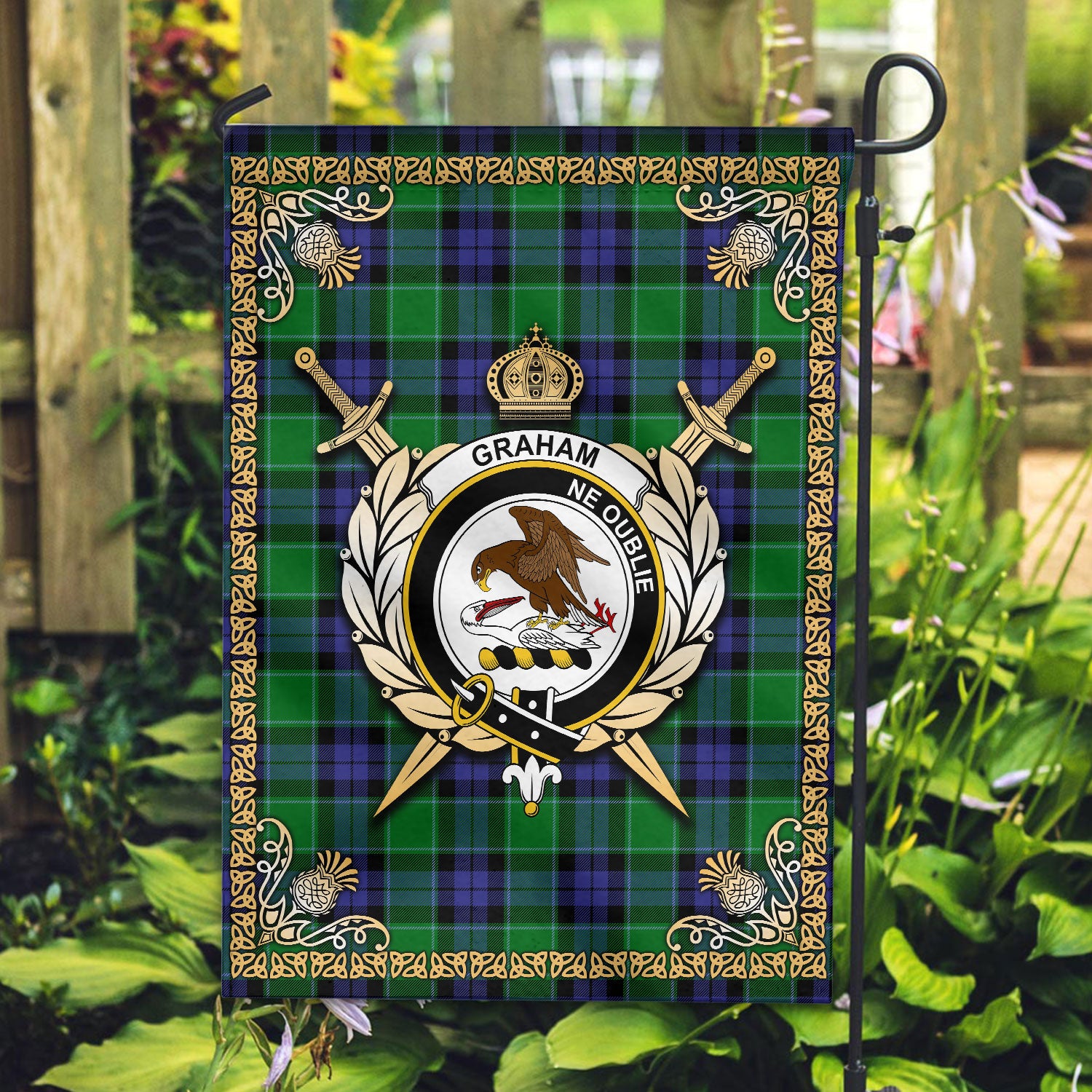 Graham of Menteith Modern Tartan Crest Garden Flag - Celtic Thistle Style