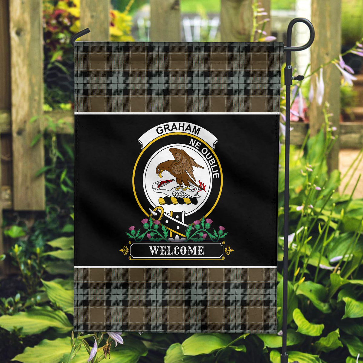 Graham of Menteith Weathered Tartan Crest Garden Flag - Welcome Style