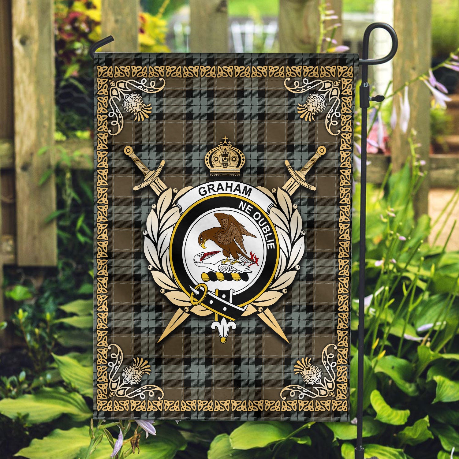 Graham of Menteith Weathered Tartan Crest Garden Flag - Celtic Thistle Style