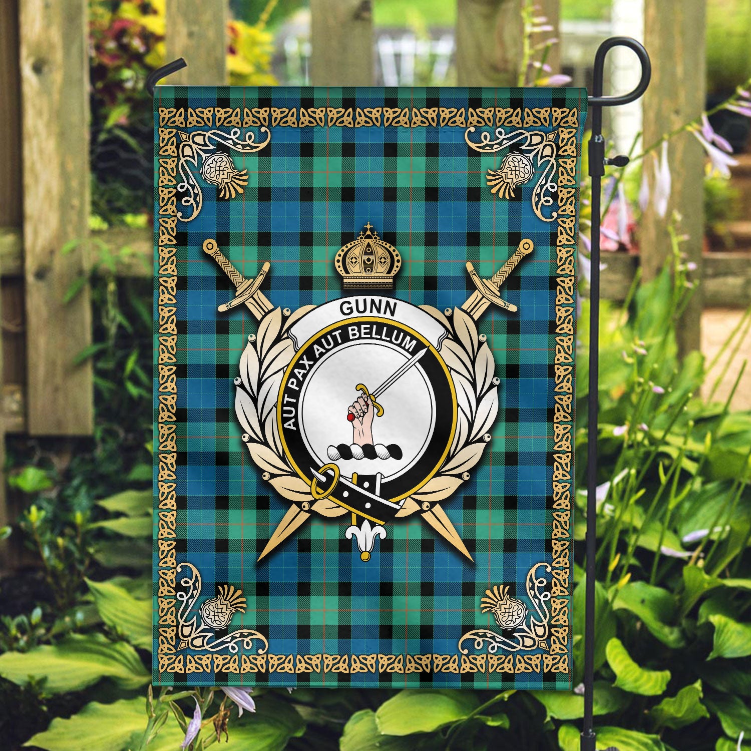 Gunn Ancient Tartan Crest Garden Flag - Celtic Thistle Style