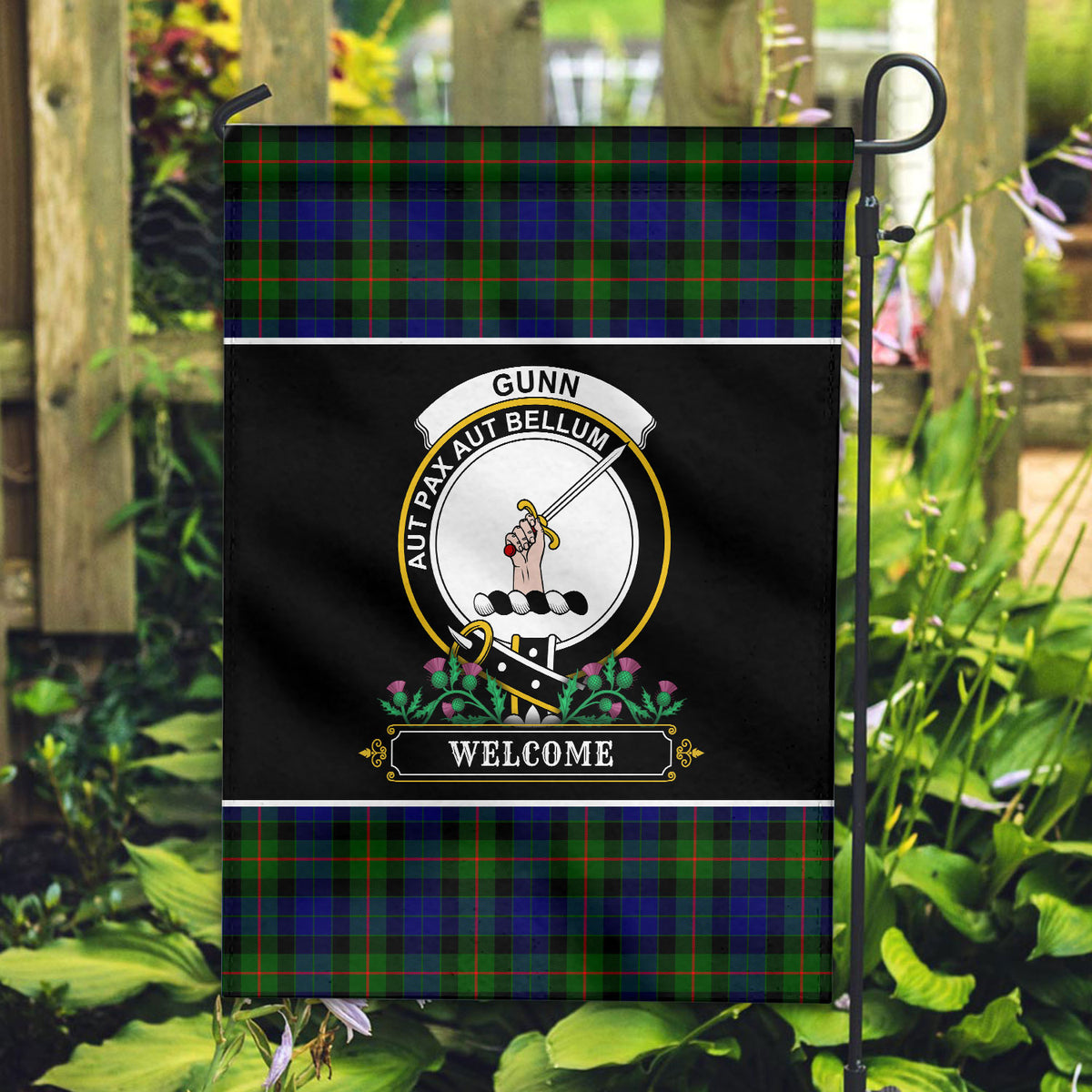 Gunn Modern Tartan Crest Garden Flag - Welcome Style