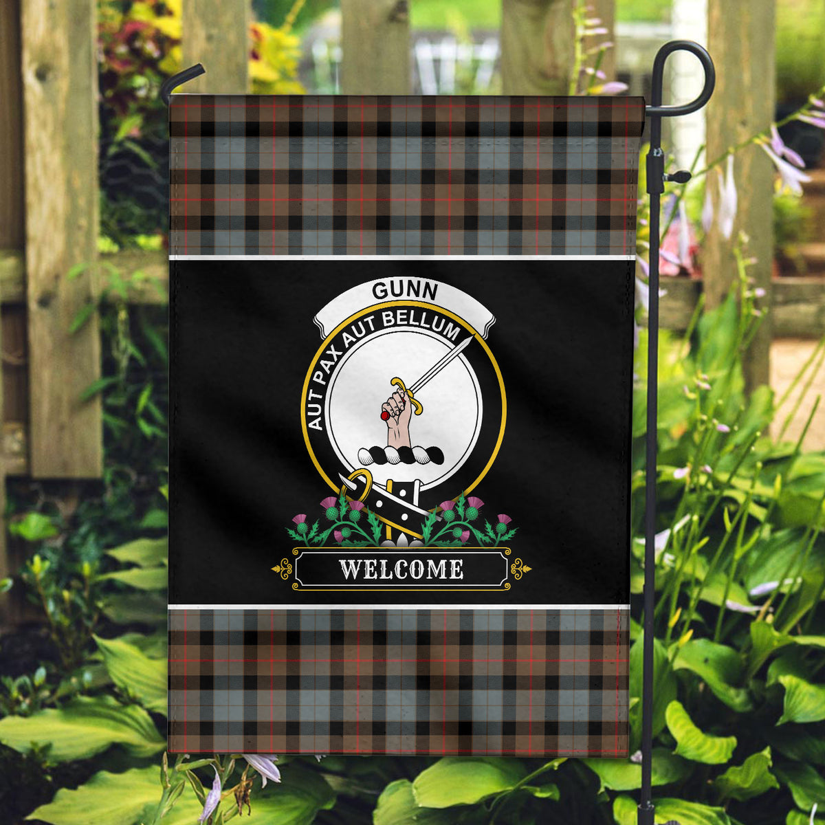 Gunn Weathered Tartan Crest Garden Flag - Welcome Style