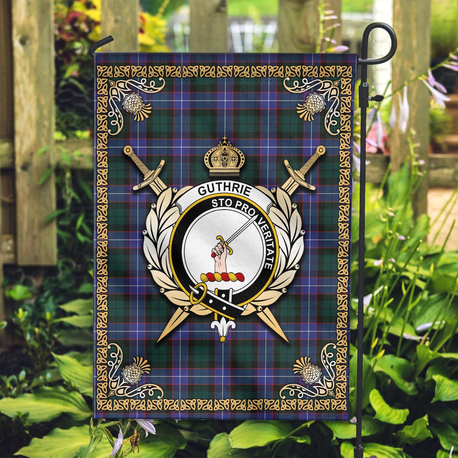 Guthrie Modern Tartan Crest Garden Flag - Celtic Thistle Style