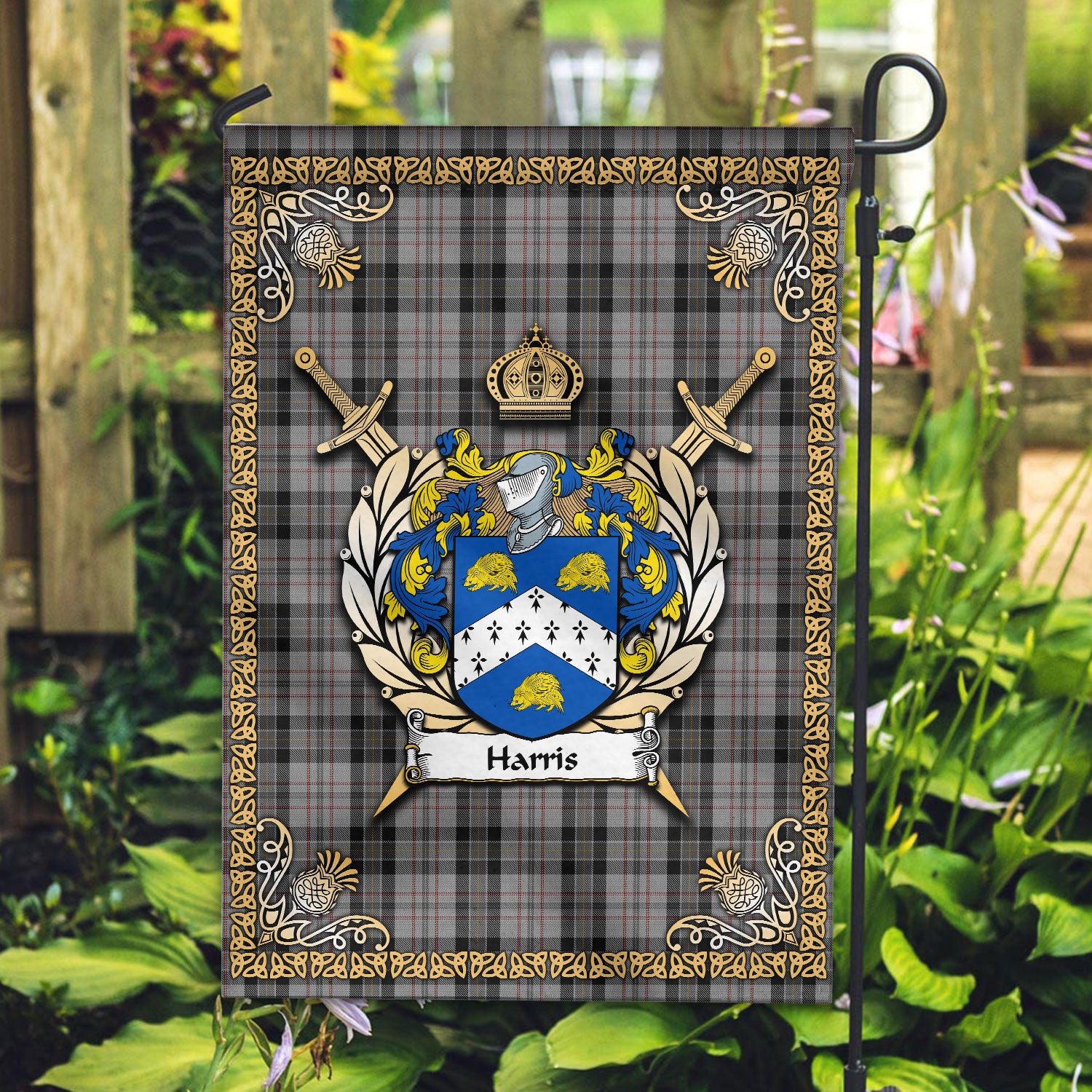 Harris Tartan Crest Garden Flag - Celtic Thistle Style