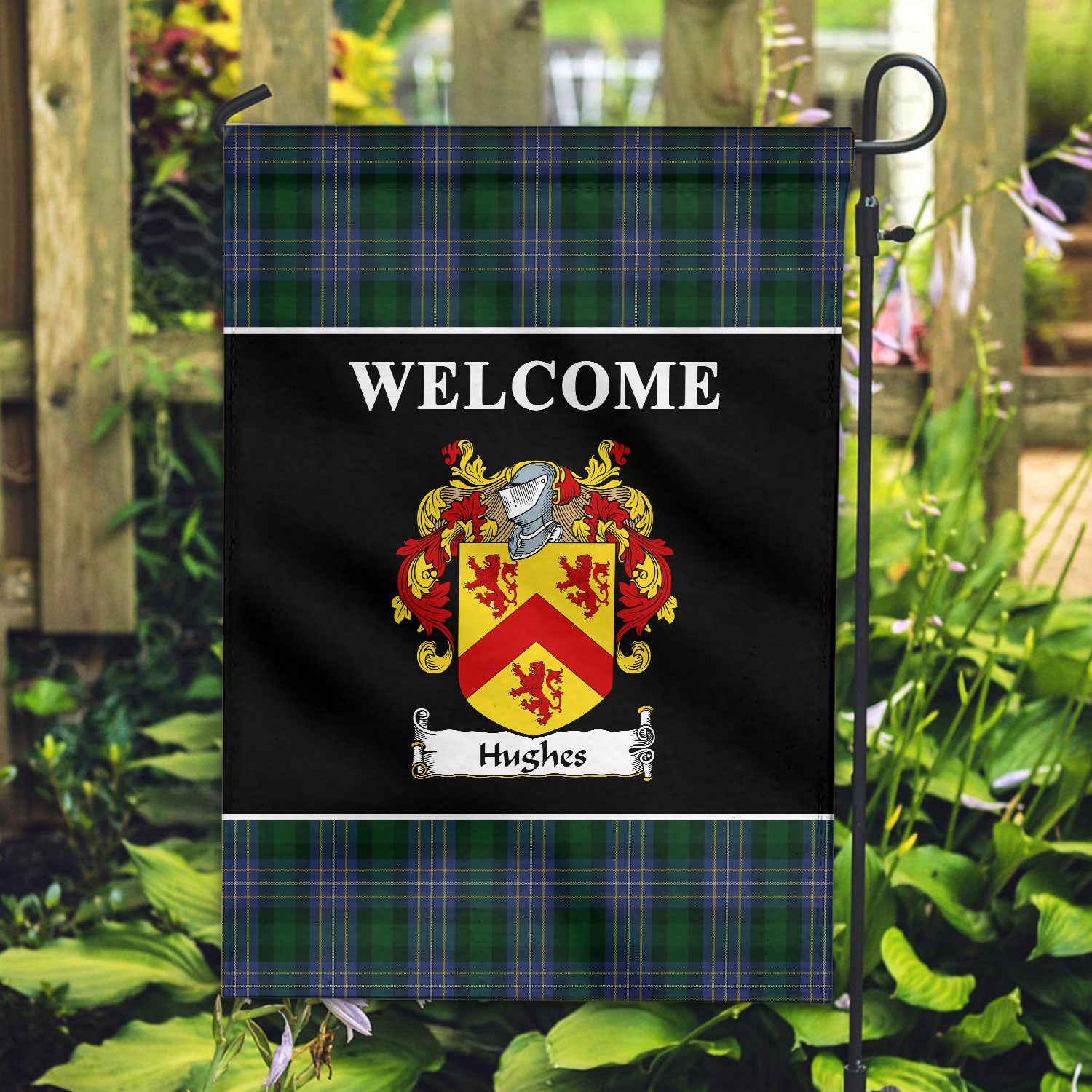 Hughes Tartan Crest Black Garden Flag