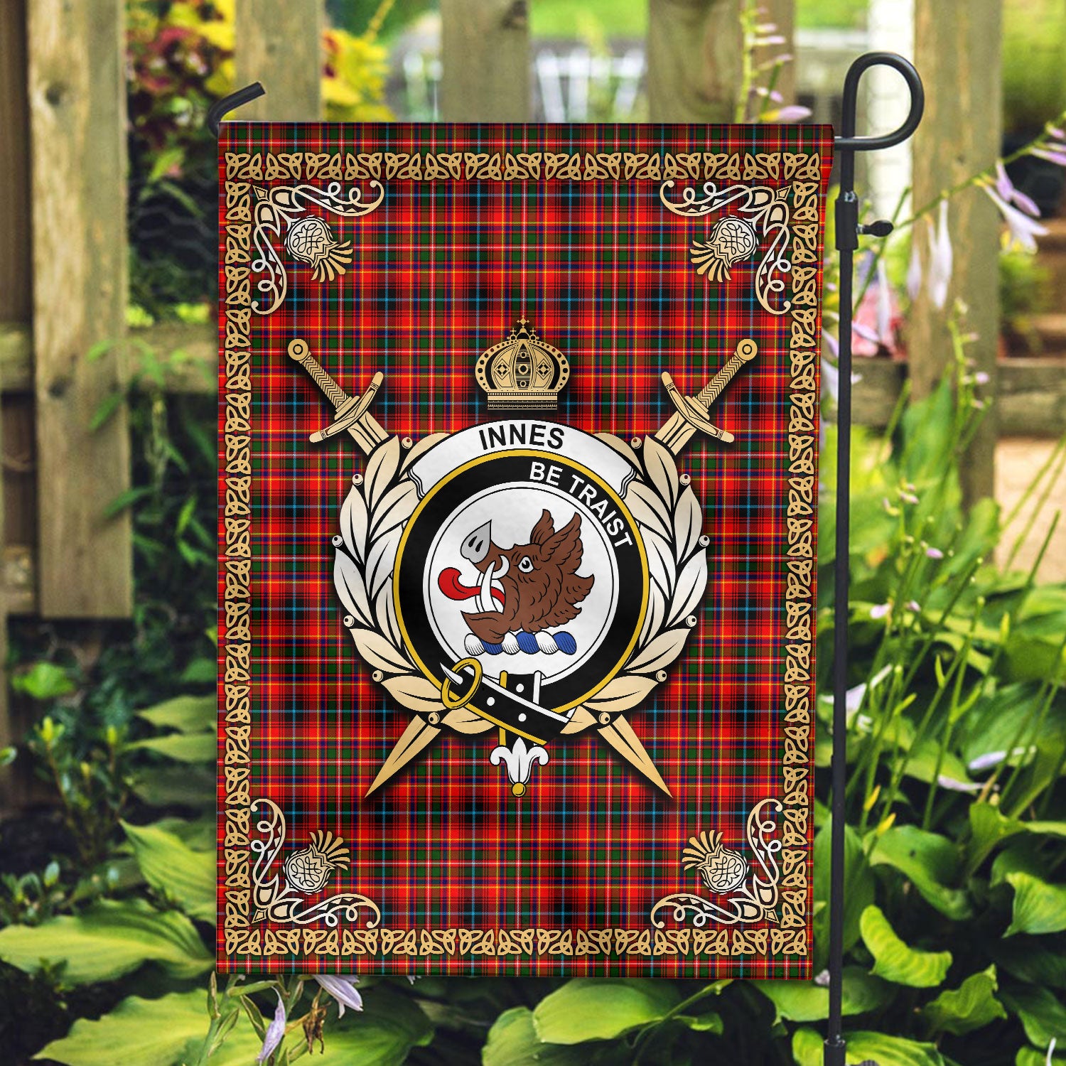 Innes Modern Tartan Crest Garden Flag - Celtic Thistle Style